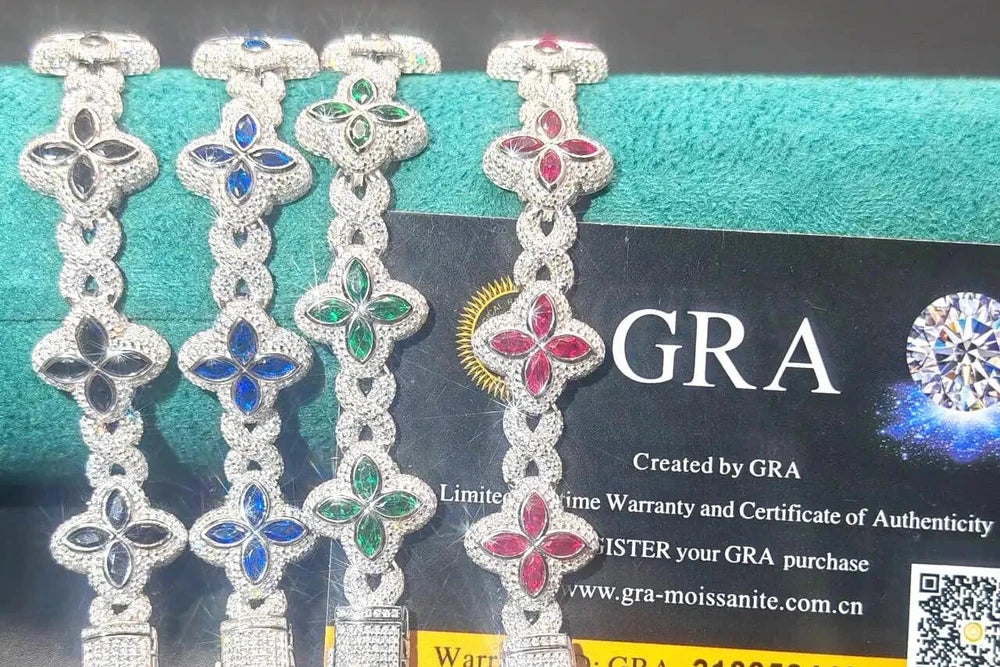 S925 VVS1 Moissanite Clover Cuban Bracelet Colorful Iced Out Local Stock Dallas Jewelers