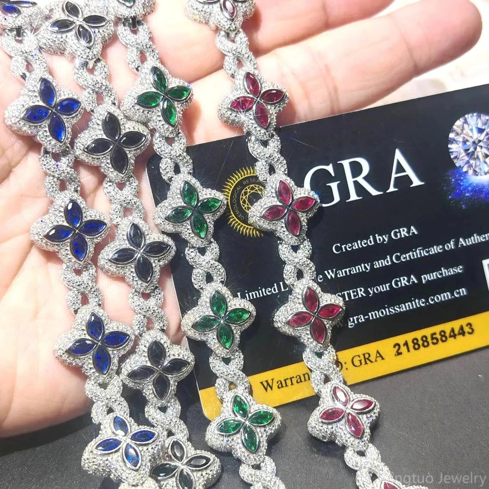 S925 VVS1 Moissanite Clover Cuban Bracelet Colorful Iced Out Local Stock Dallas Jewelers