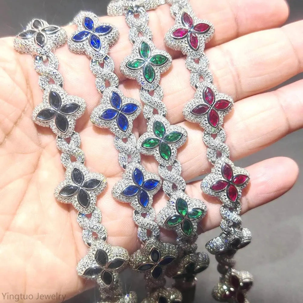 S925 VVS1 Moissanite Clover Cuban Bracelet Colorful Iced Out Local Stock Dallas Jewelers