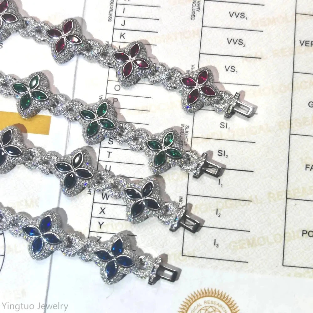 S925 VVS1 Moissanite Clover Cuban Bracelet Colorful Iced Out Local Stock Dallas Jewelers