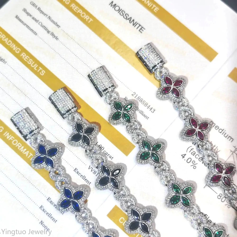 S925 VVS1 Moissanite Clover Cuban Bracelet Colorful Iced Out Local Stock Dallas Jewelers